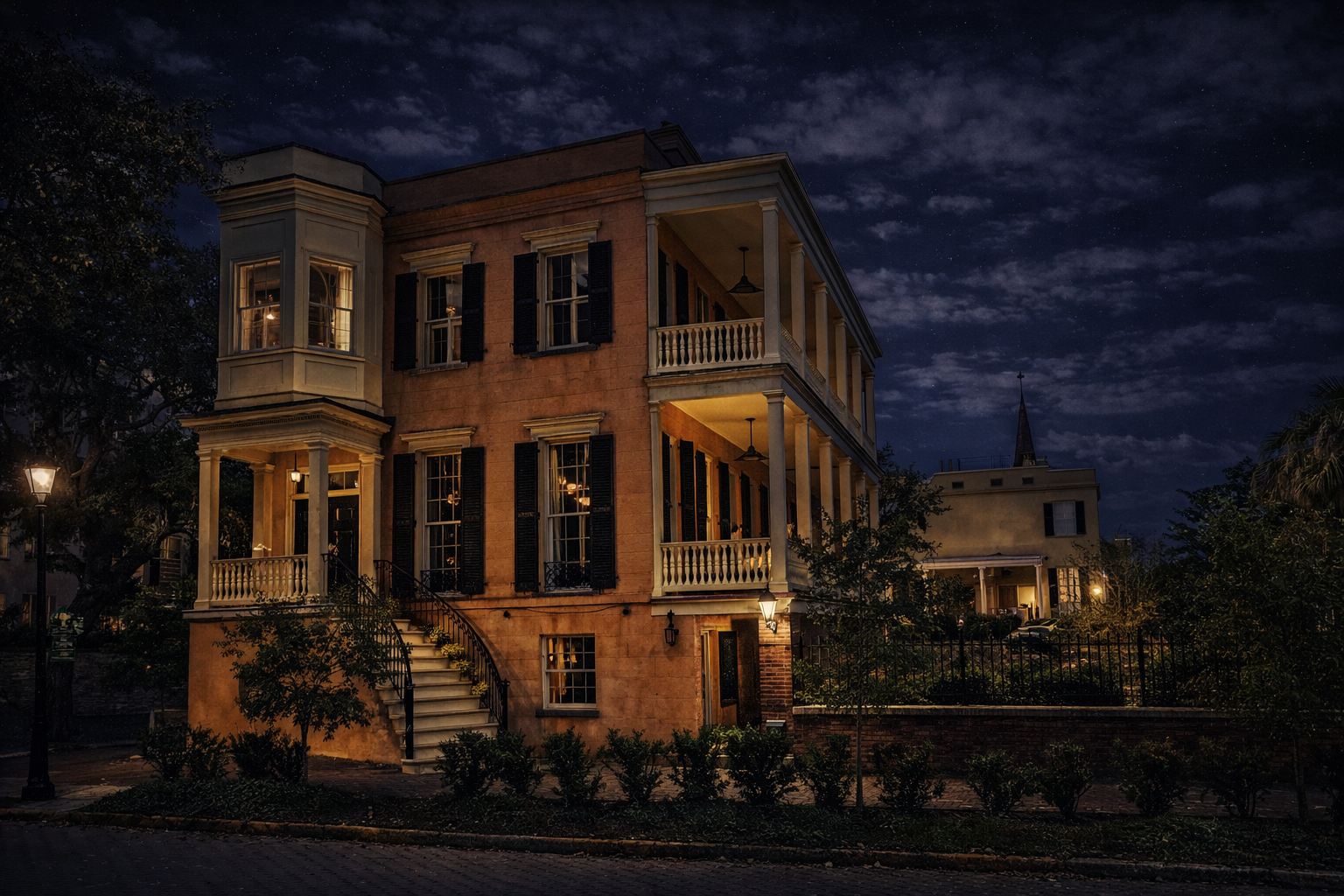 Historic Savannah Mansion and moss draped oaks, Savannah