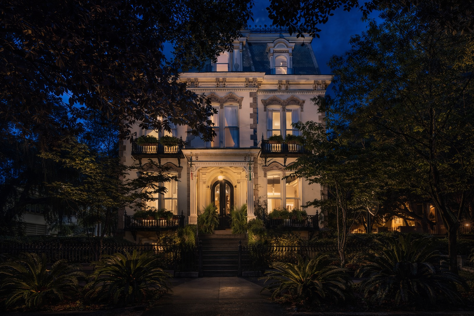 Nighttime walk in Savannah under live oaks