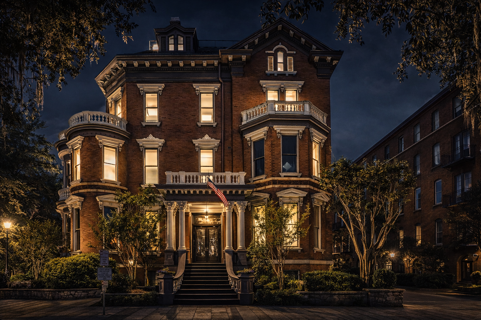 Historic Savannah Mansion and moss draped oaks, Savannah